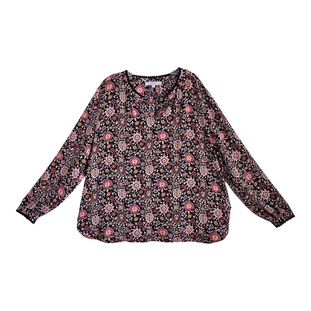 LOFT Ann Taylor Women's XL Blouse Floral Multicolor Crochet Trim Long Sleeve 48"